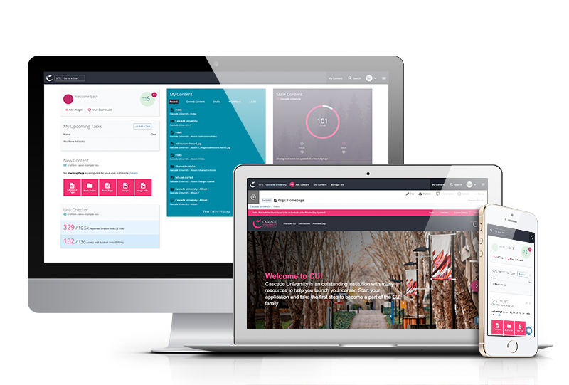 Cascade CMS dashboard displayed on multiple screens