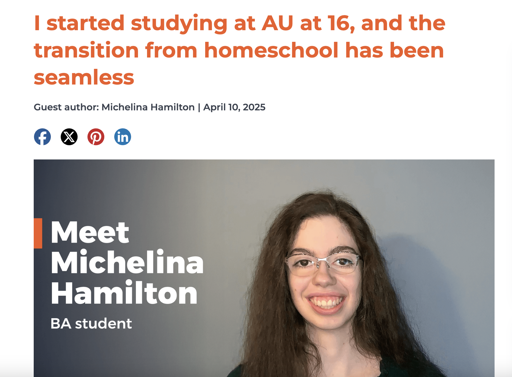 Headshot of Michelina Hamilton, a BA student at AU, smiling and wearing glasses.