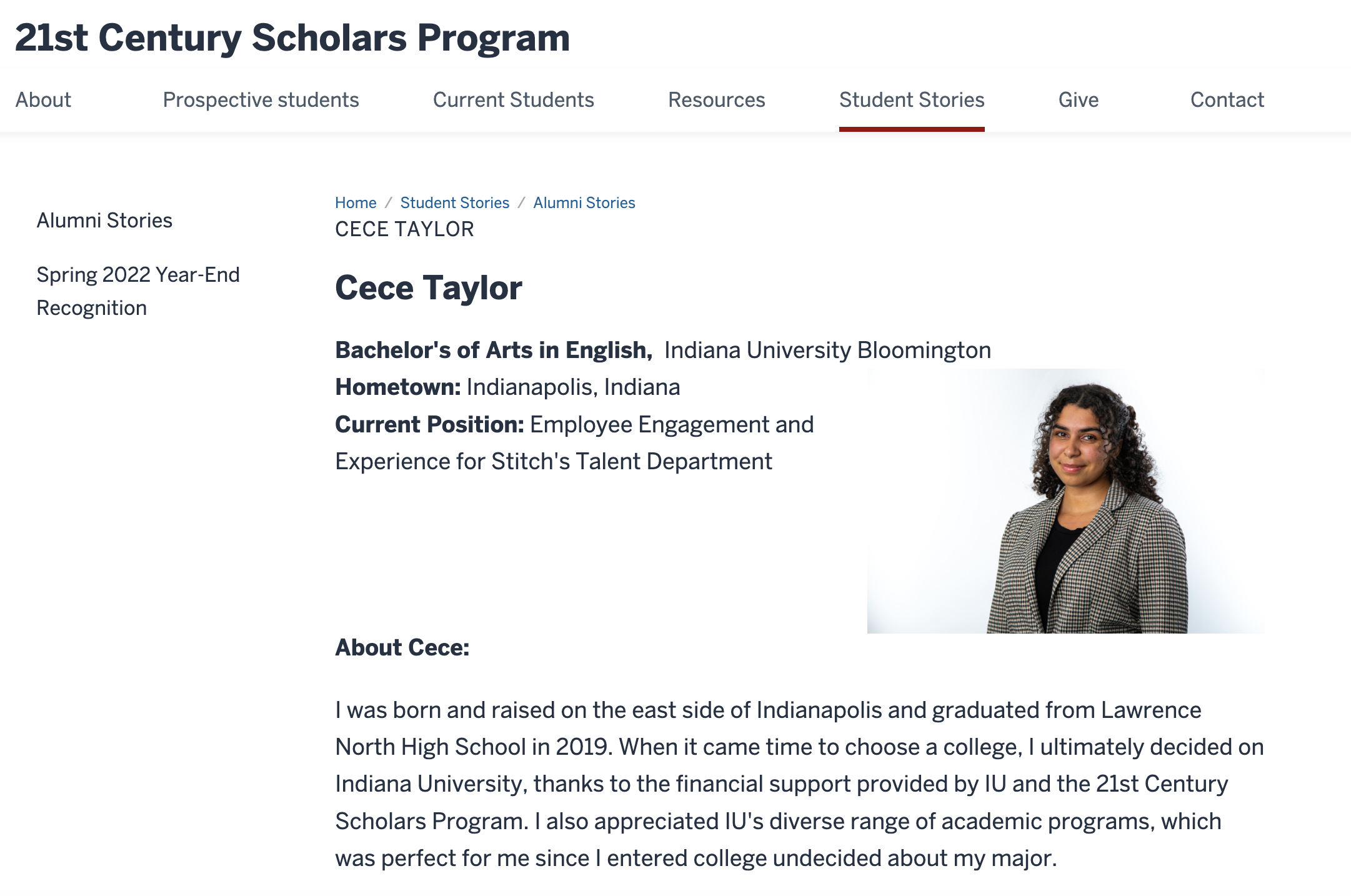 Headshot of Cece Taylor, a student from Indiana University Bloomington, highlighting her background and current position in the Stitch's Talent Department.