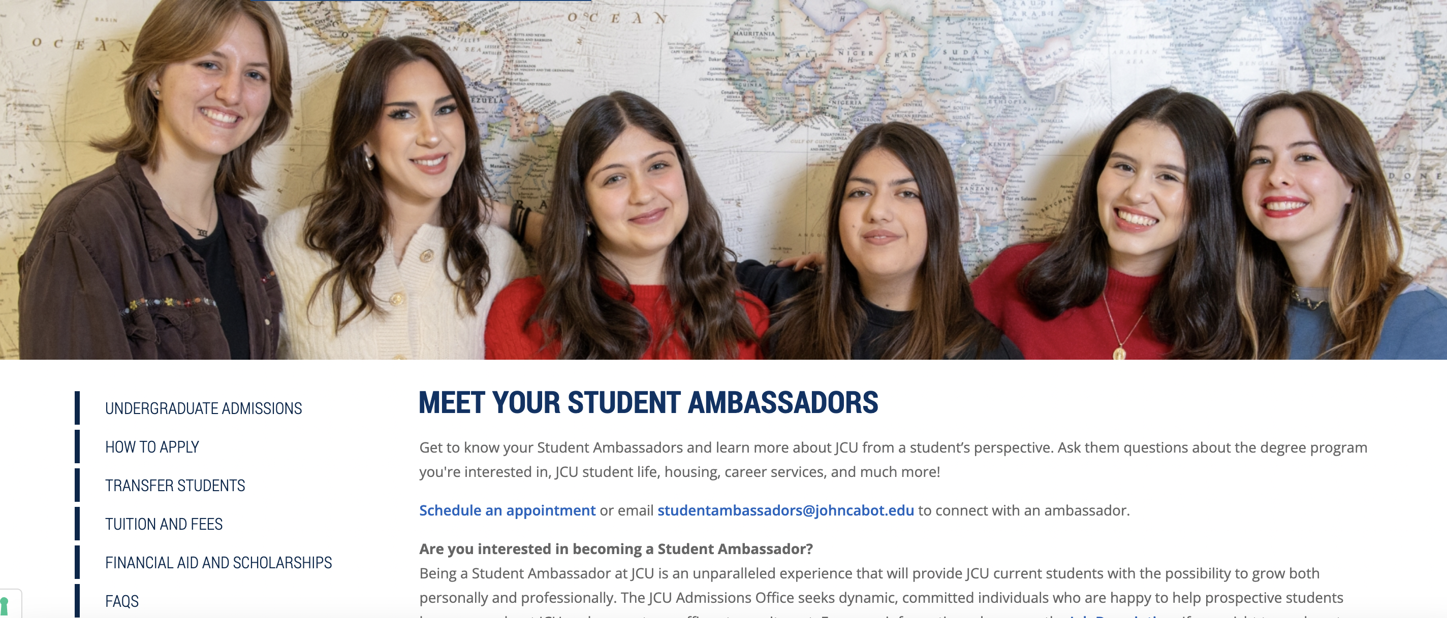A group of six student ambassadors smiling together, promoting the opportunities available at JU.