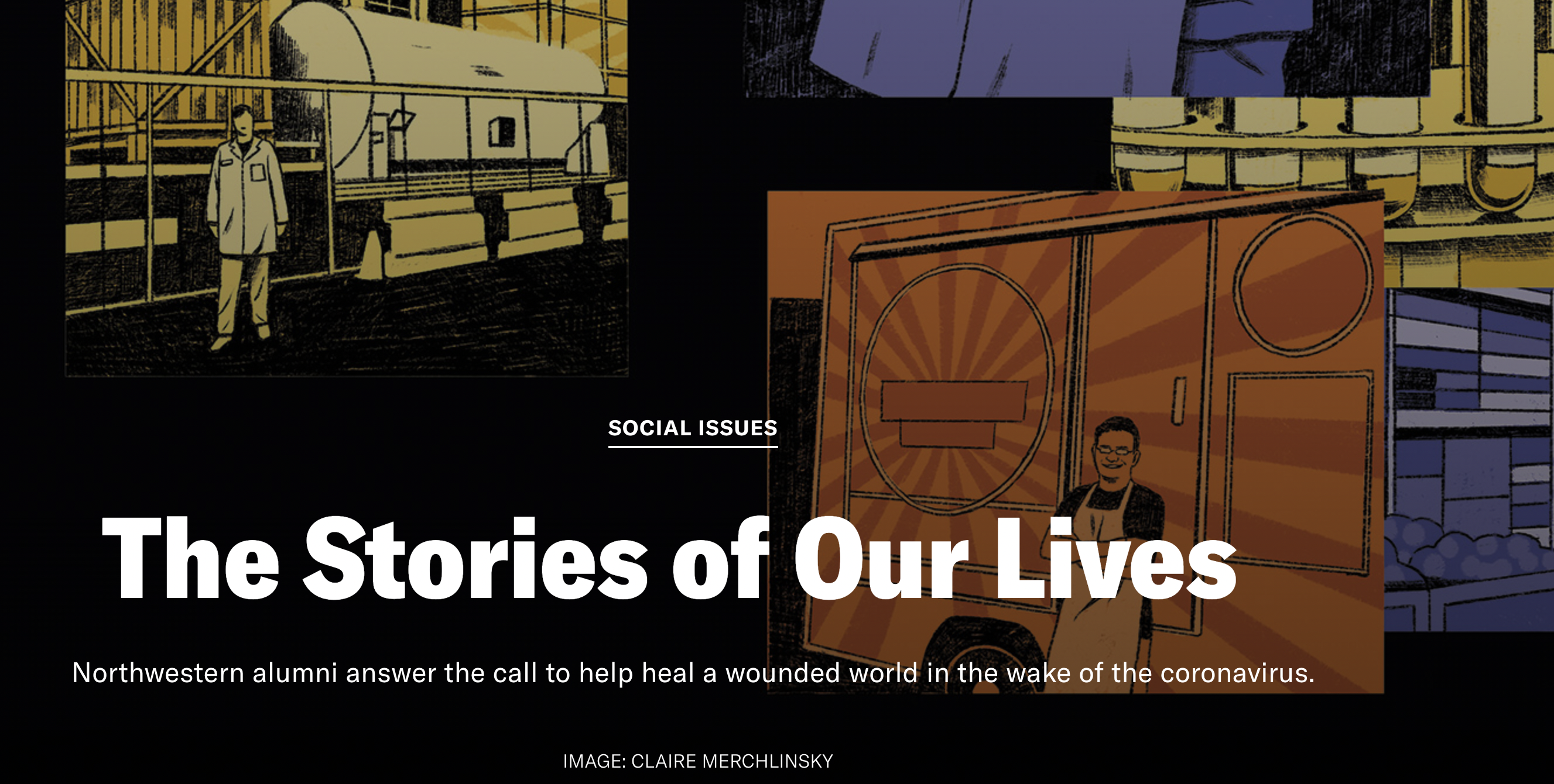 Illustration featuring various scenes that represent alumni stories from Northwestern University responding to the COVID-19 pandemic.