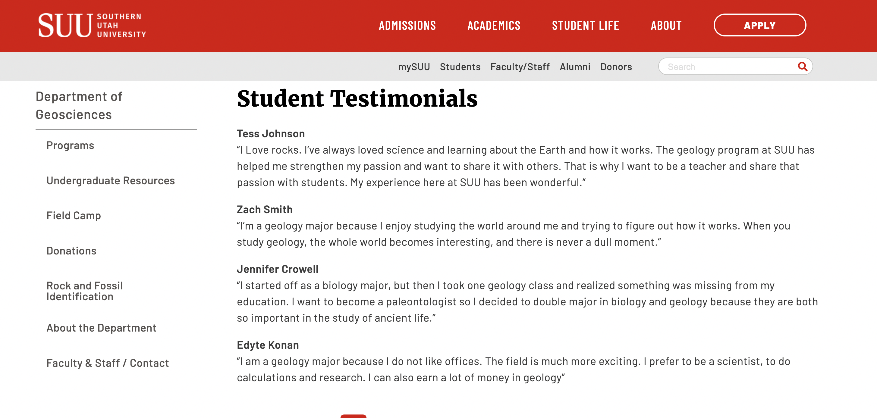 Student testimonials for the Geosciences department at Southern Utah University, featuring quotes from current students about their experiences and passion for geology.