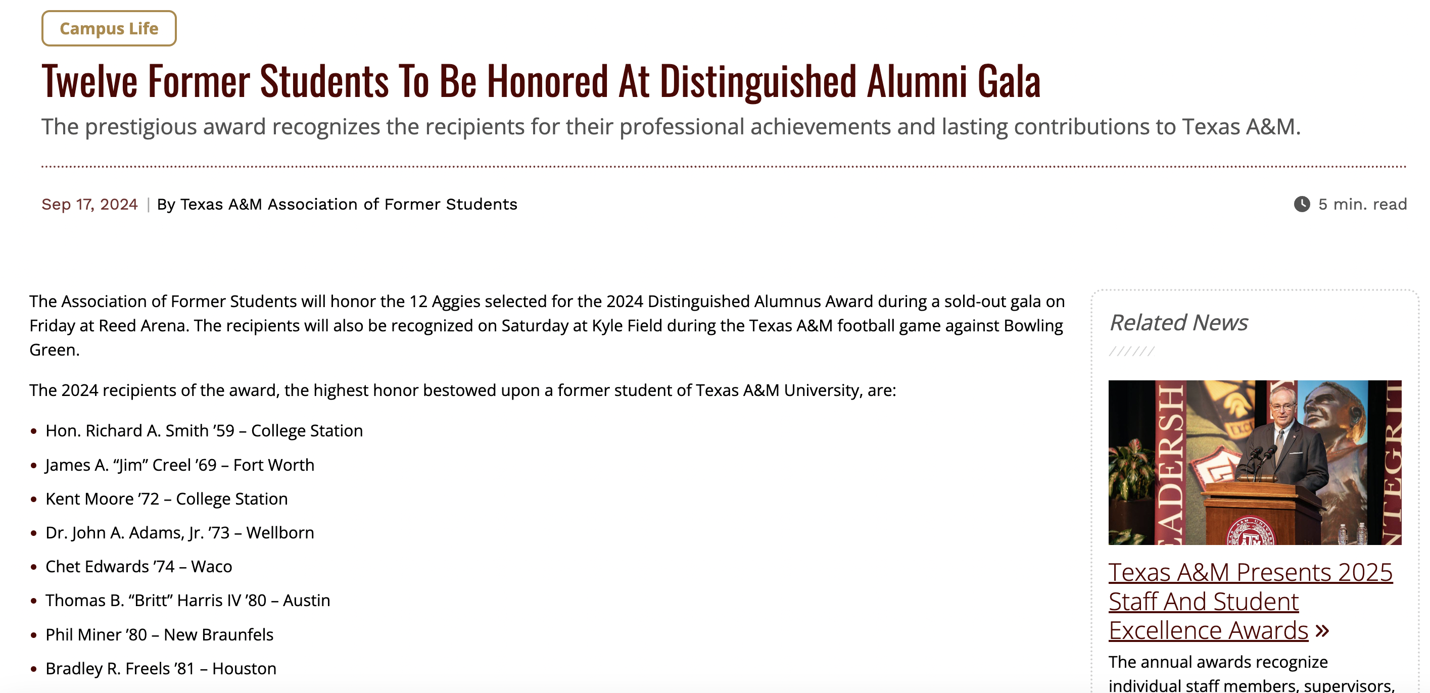 Graphic featuring the title "Twelve Former Students To Be Honored At Distinguished Alumni Gala" with a list of honorees and their affiliations.