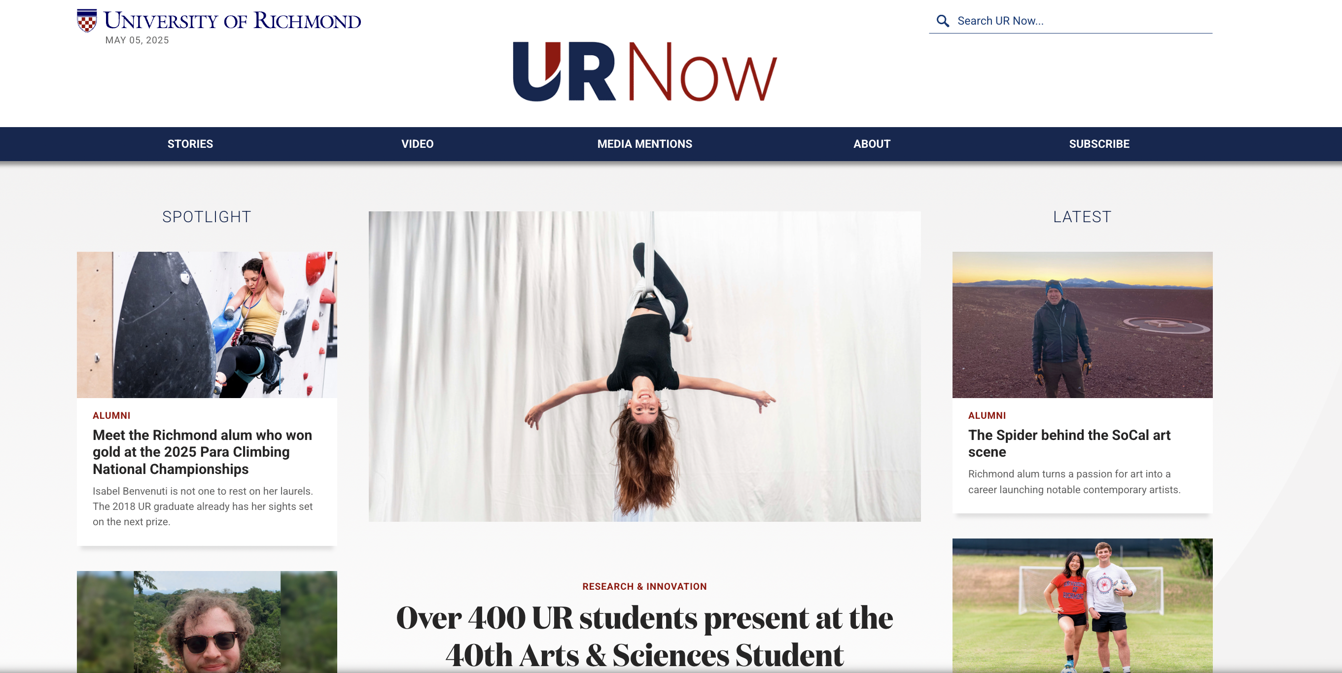 Screenshot of the University of Richmond's UR Now webpage featuring various news articles and highlights.