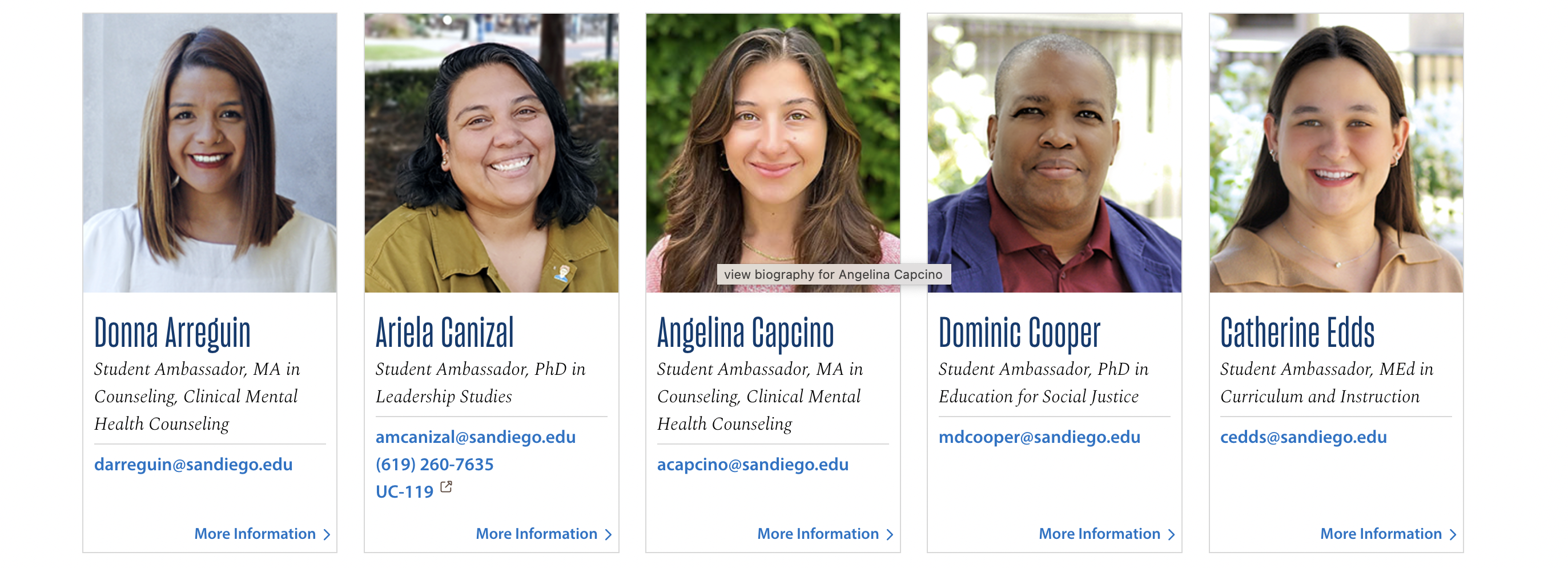 Five student ambassadors from the University of San Diego, showcasing their names and areas of study in counseling and mental health.