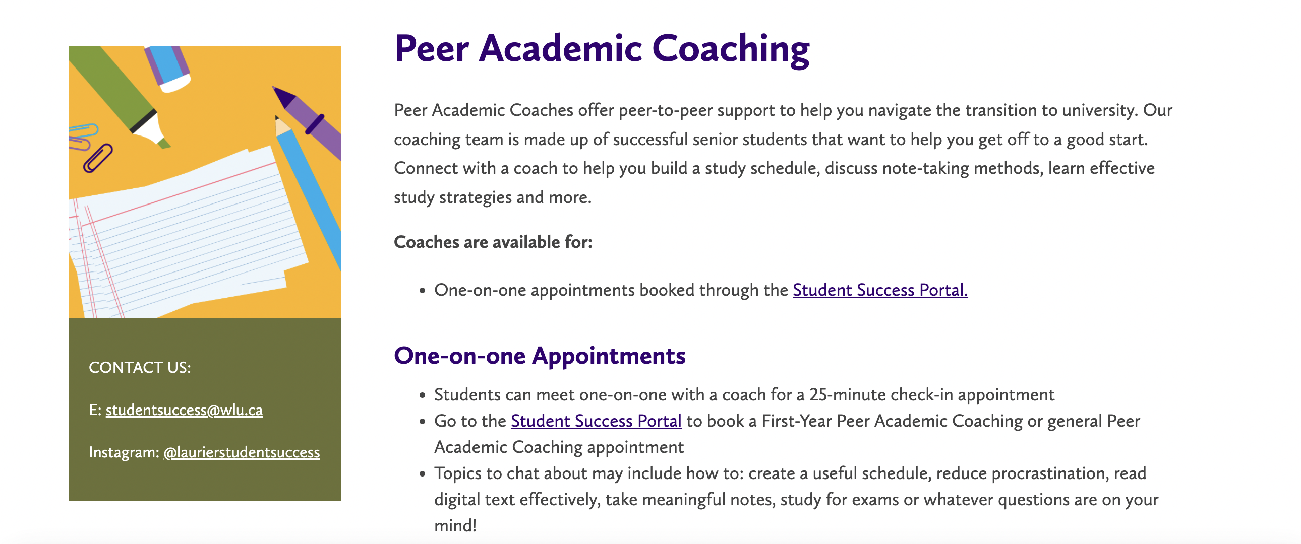 Graphic illustrating the benefits of Peer Academic Coaching, showcasing information about one-on-one appointments and support services available to students.