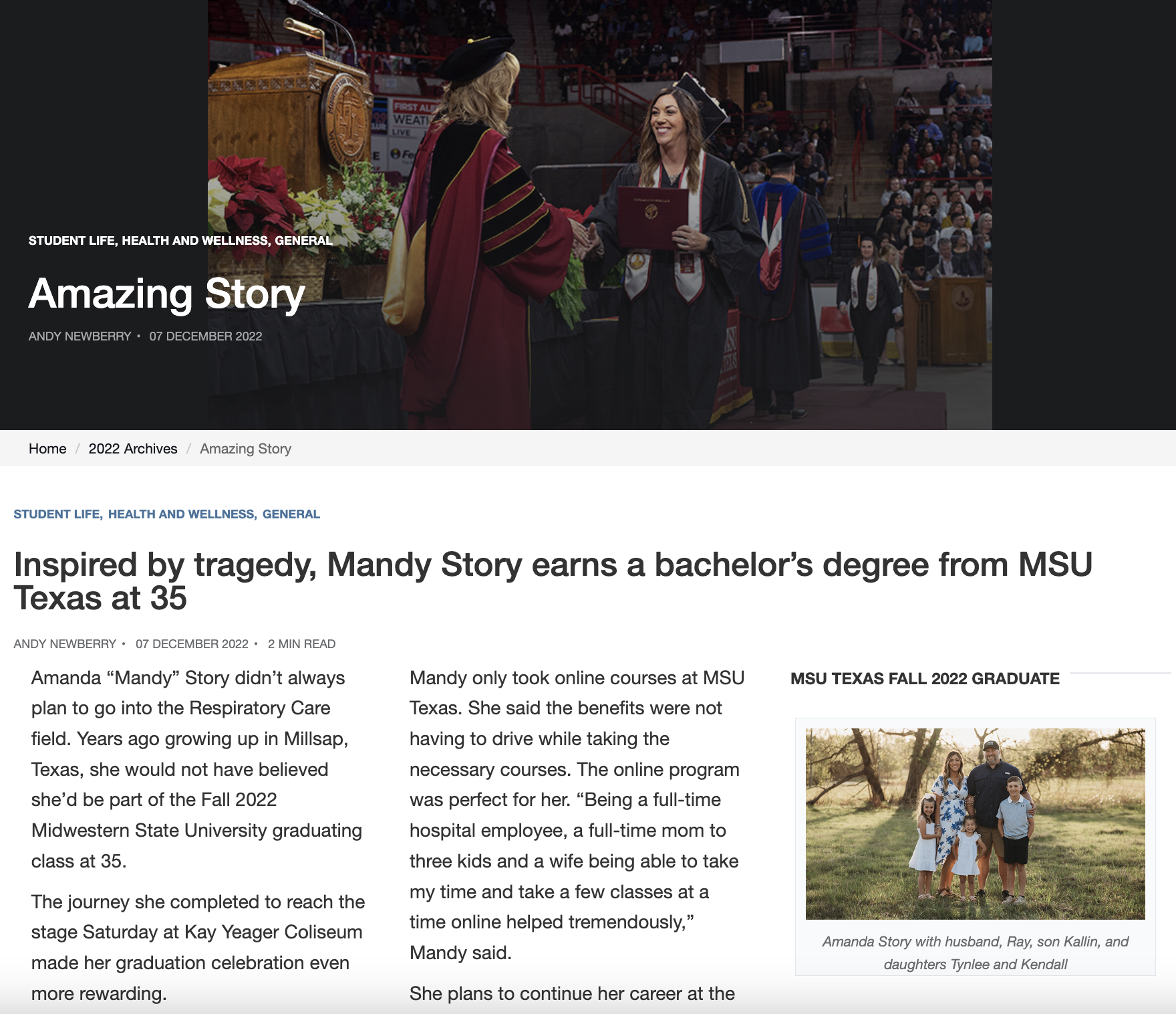 Logo for the "Amazing Story" article featuring Mandy Story, a graduate from MSU Texas.