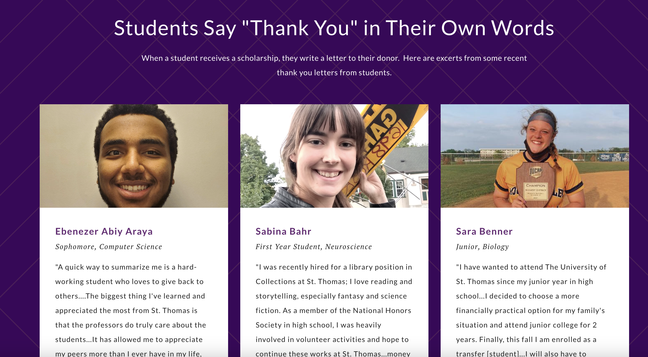 Three testimonials from students expressing gratitude for their scholarships, featuring photos and brief descriptions of their majors and experiences.
