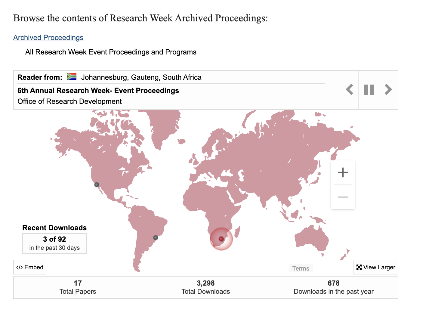 World map highlighting recent download statistics for the 6th Annual Research Week Event Proceedings, with a focus on Johannesburg, South Africa.