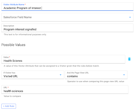 Form for configuring a visitor attribute named “Academic Program of Interest,” showing a possible value “Health Sciences” and a rule based on the visited URL containing “health-sciences.”.