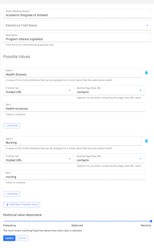 Screenshot of a settings page for the visitor attribute “Academic Program of Interest,” showing possible values (e.g., Health Sciences, Nursing) with rules based on the “Visited URL” field and options