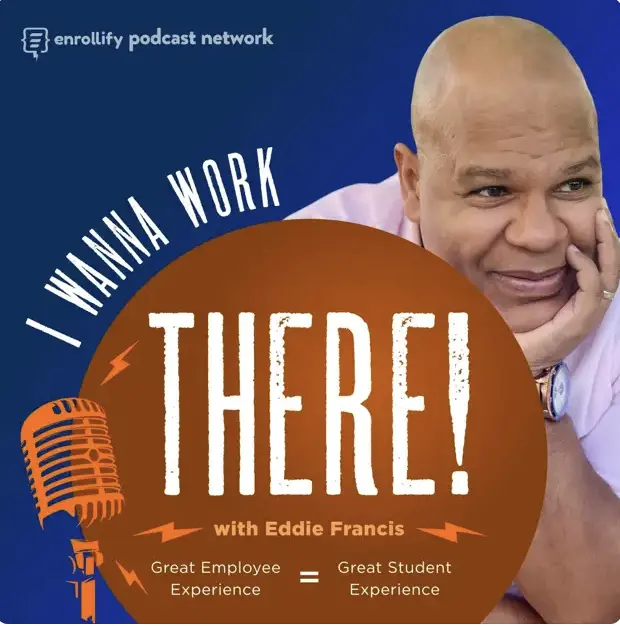 Podcast cover "I Wanna Work There!" with host Eddie Francis, and a microphone graphic, orange and blue theme.