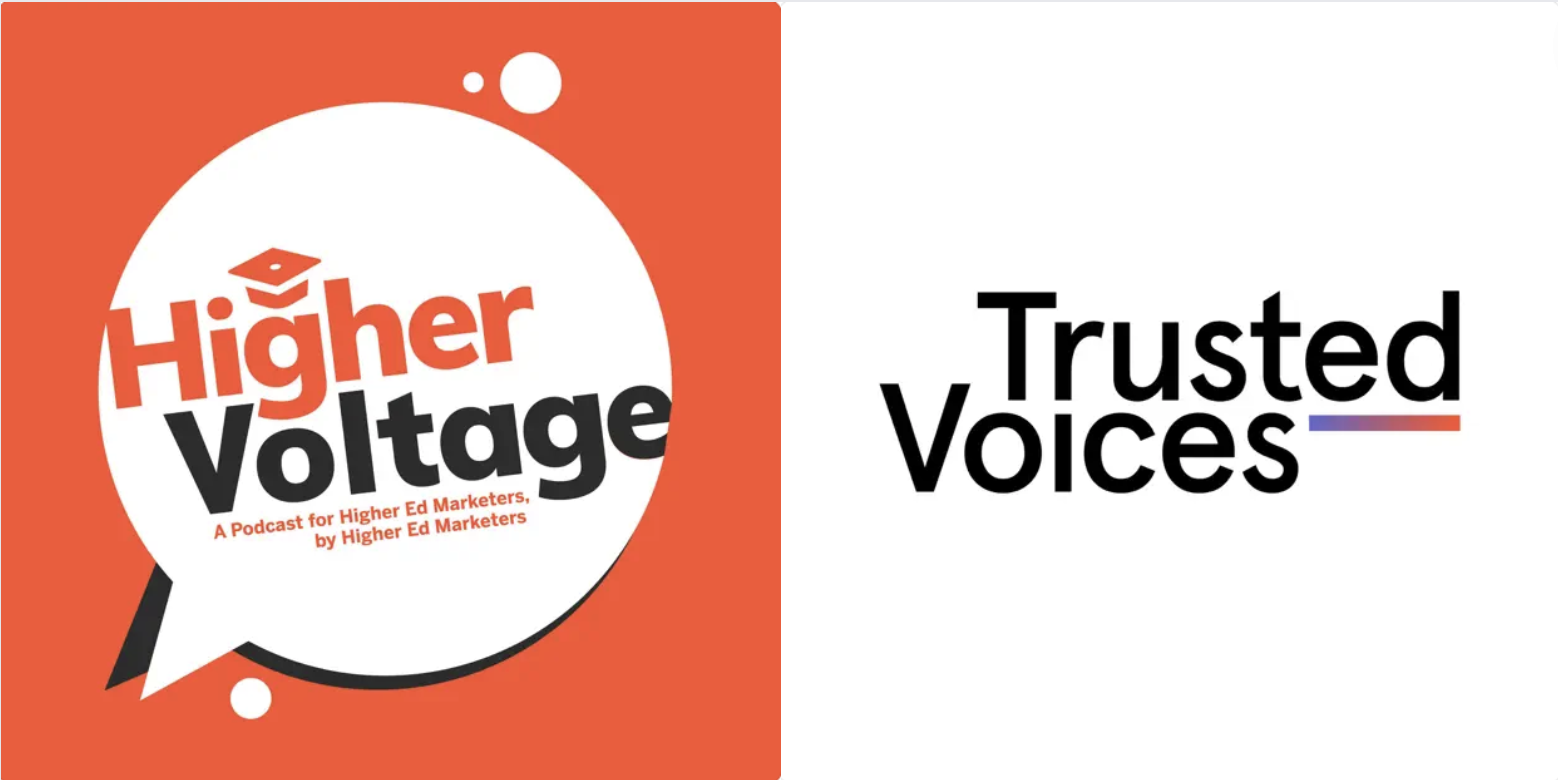 Two podcast covers: "Higher Voltage," orange background, and "Trusted Voices," black text with colored underline.