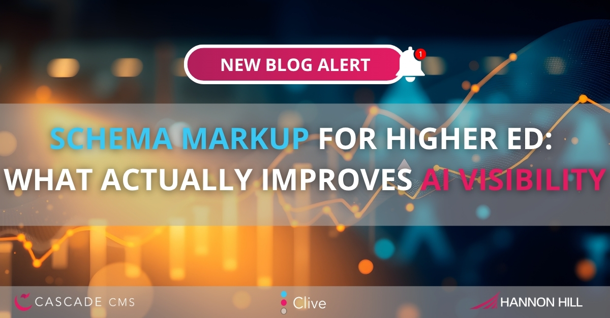 Blog alert graphic with analytics chart background and headline: “Schema Markup for Higher Ed: What Actually Improves AI Visibility.”