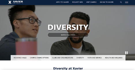 Xavier University Diversity Page Screenshot