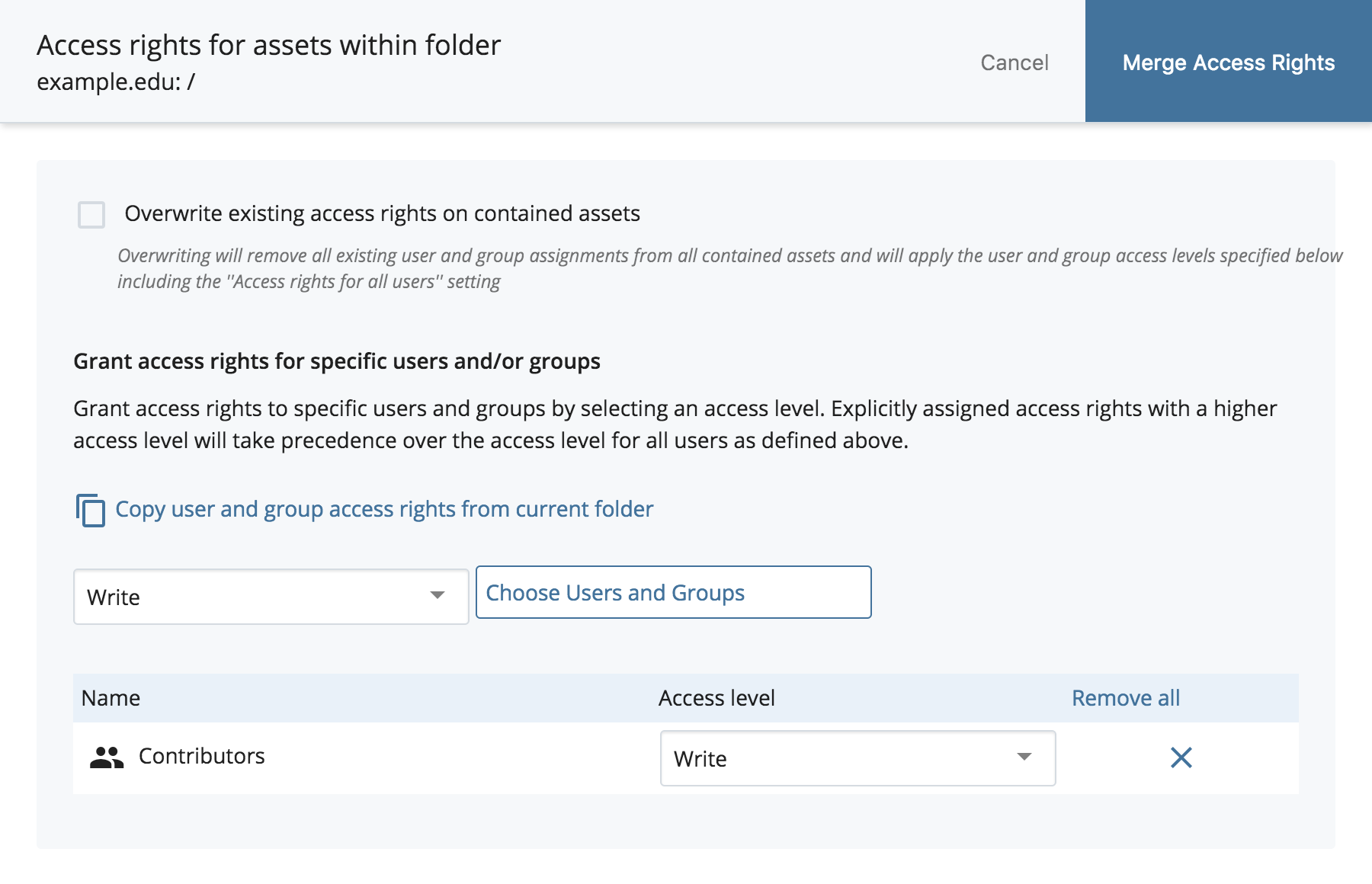 Access rights for assets within folder dialog, with an option to overwrite existing rights on contained assets and a Merge Access Rights button