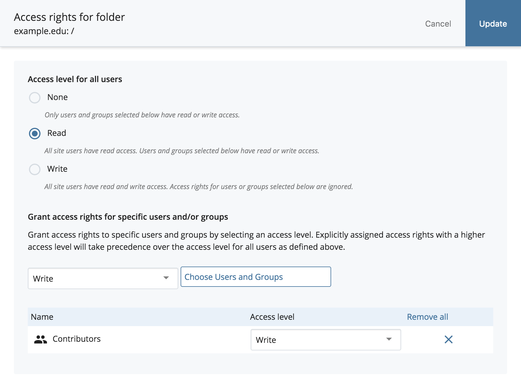 Access rights for folder dialog: an access level for all users set to Read, and a Contributors group granted Write below