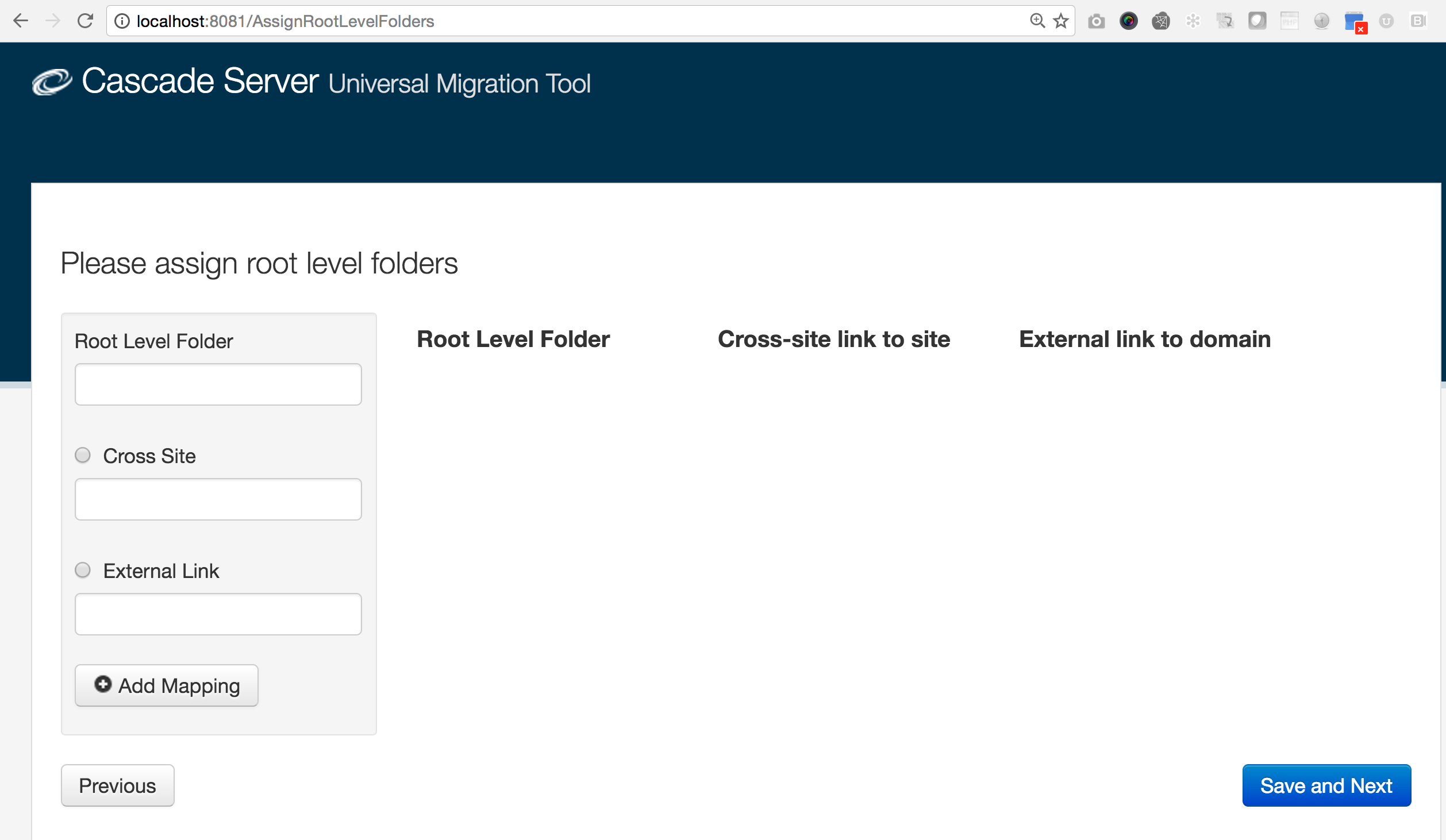 Root level folder assignment step, mapping each root folder to a cross-site link or an external domain