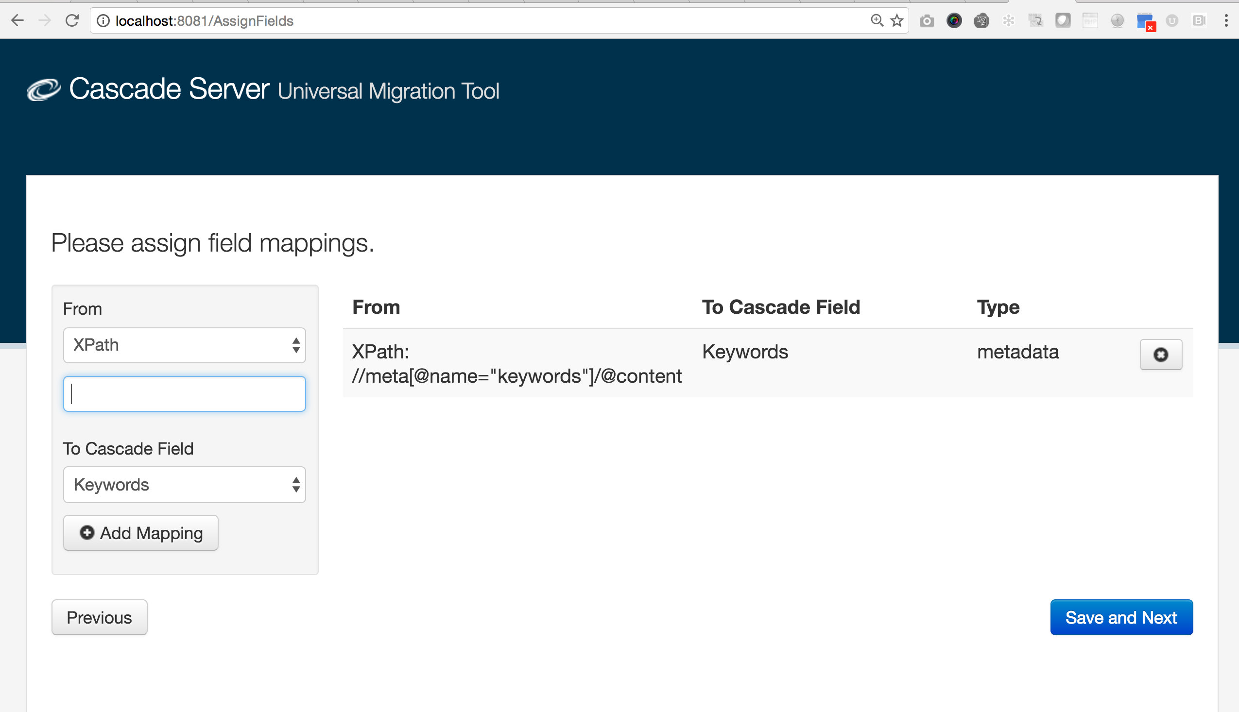 Field mapping step showing one saved mapping: the XPath //meta[@name="keywords"]/@content to the Keywords metadata field
