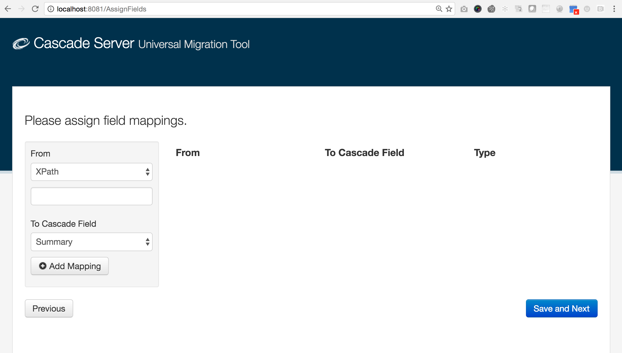 Field mapping step with an empty mapping list, choosing an XPath source and a target Cascade field