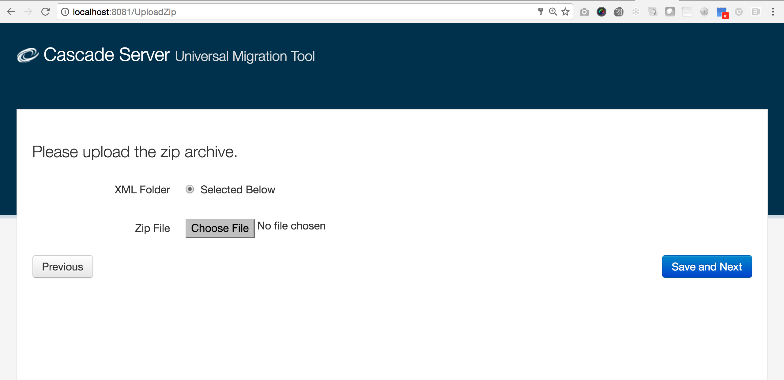 Universal Migration Tool upload step, with an XML Folder option and a Choose File control for the zip archive