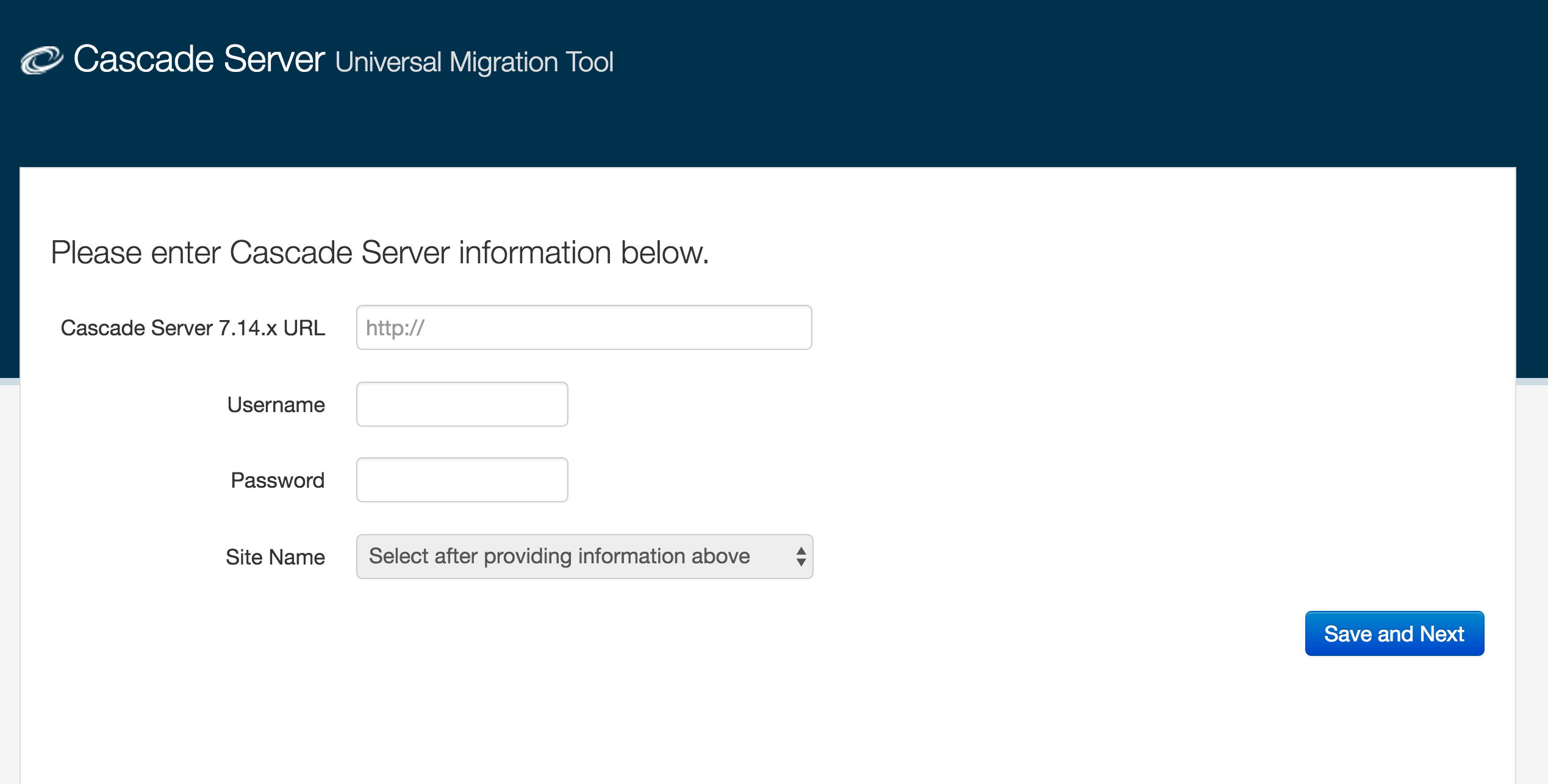 Universal Migration Tool prompting for a Cascade Server URL, username, password, and Site name