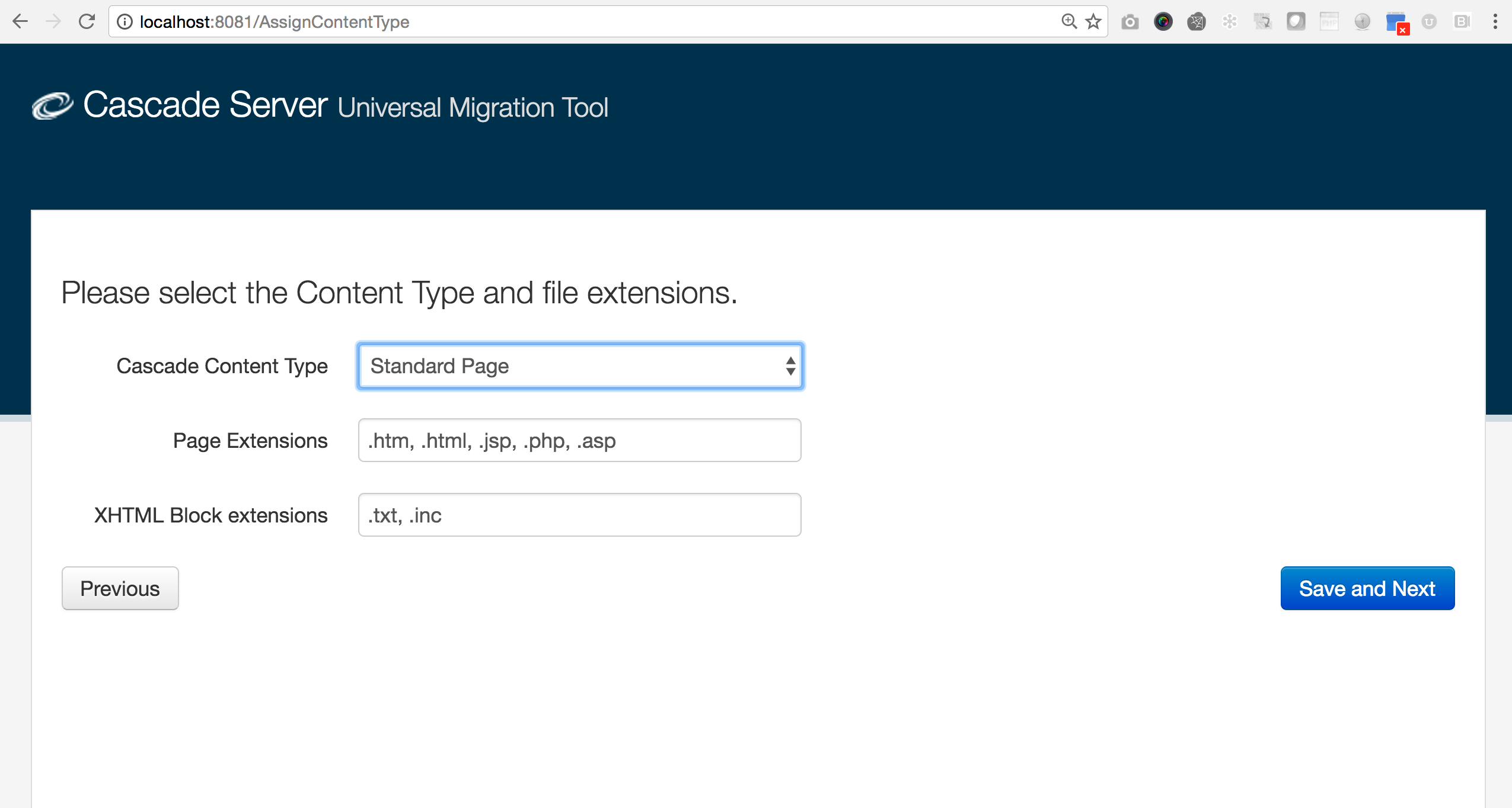 Content Type step, with Cascade Content Type set to Standard Page and lists of page and XHTML block file extensions