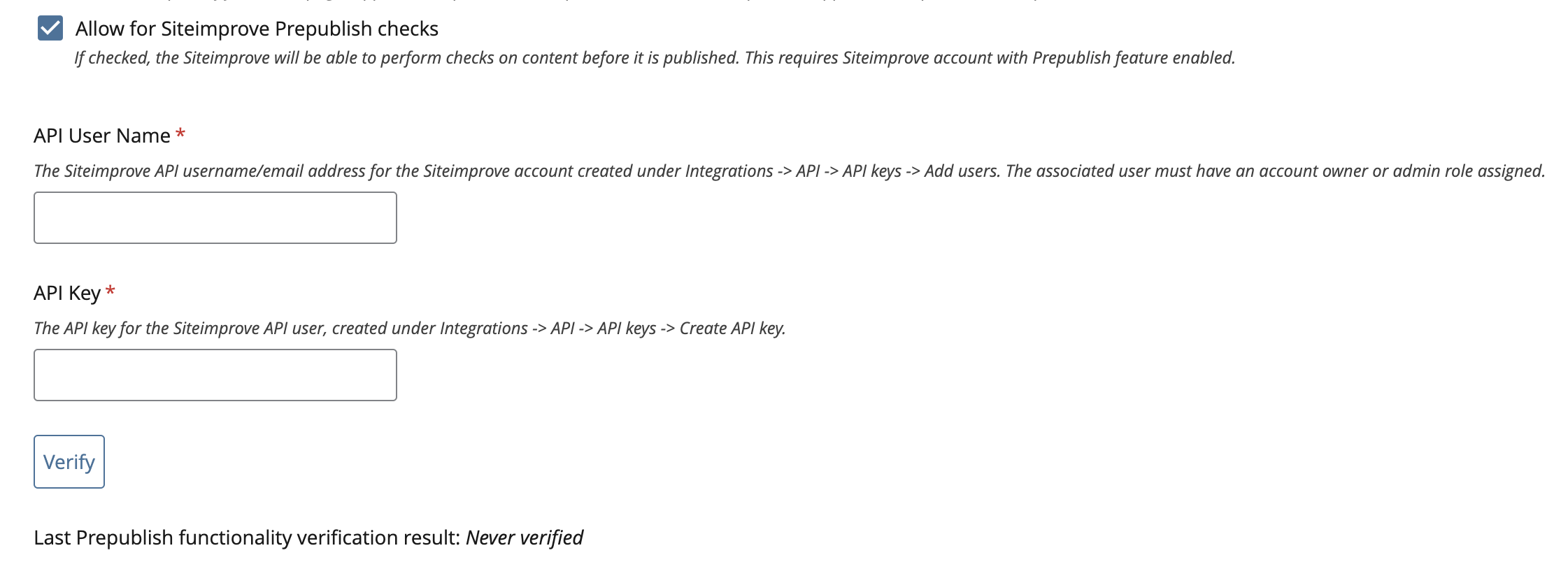 Siteimprove Connector settings with “Allow for Siteimprove Prepublish checks” checked, plus API user name and API key fields and a Verify button