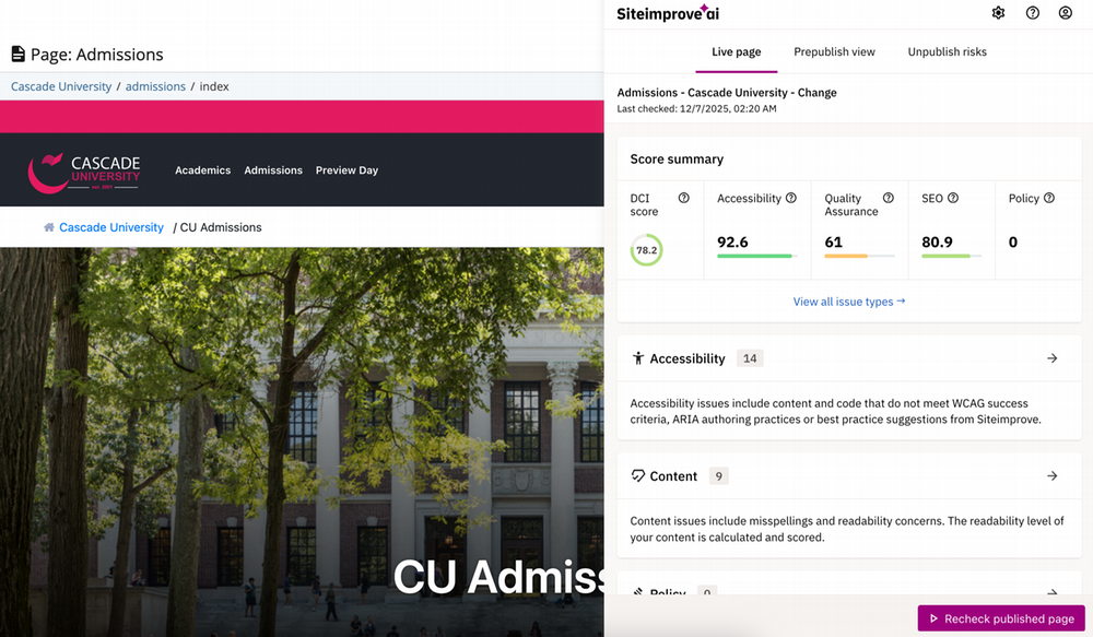 The Siteimprove panel open beside a Cascade CMS page preview, showing a score summary with DCI, Accessibility, Quality Assurance, SEO, and Policy figures