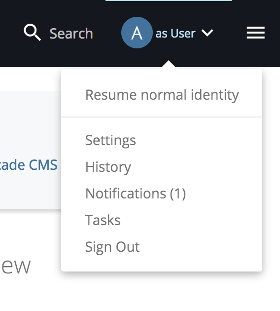 The user menu while an administrator is working as another user, with “Resume normal identity” at the top of the dropdown