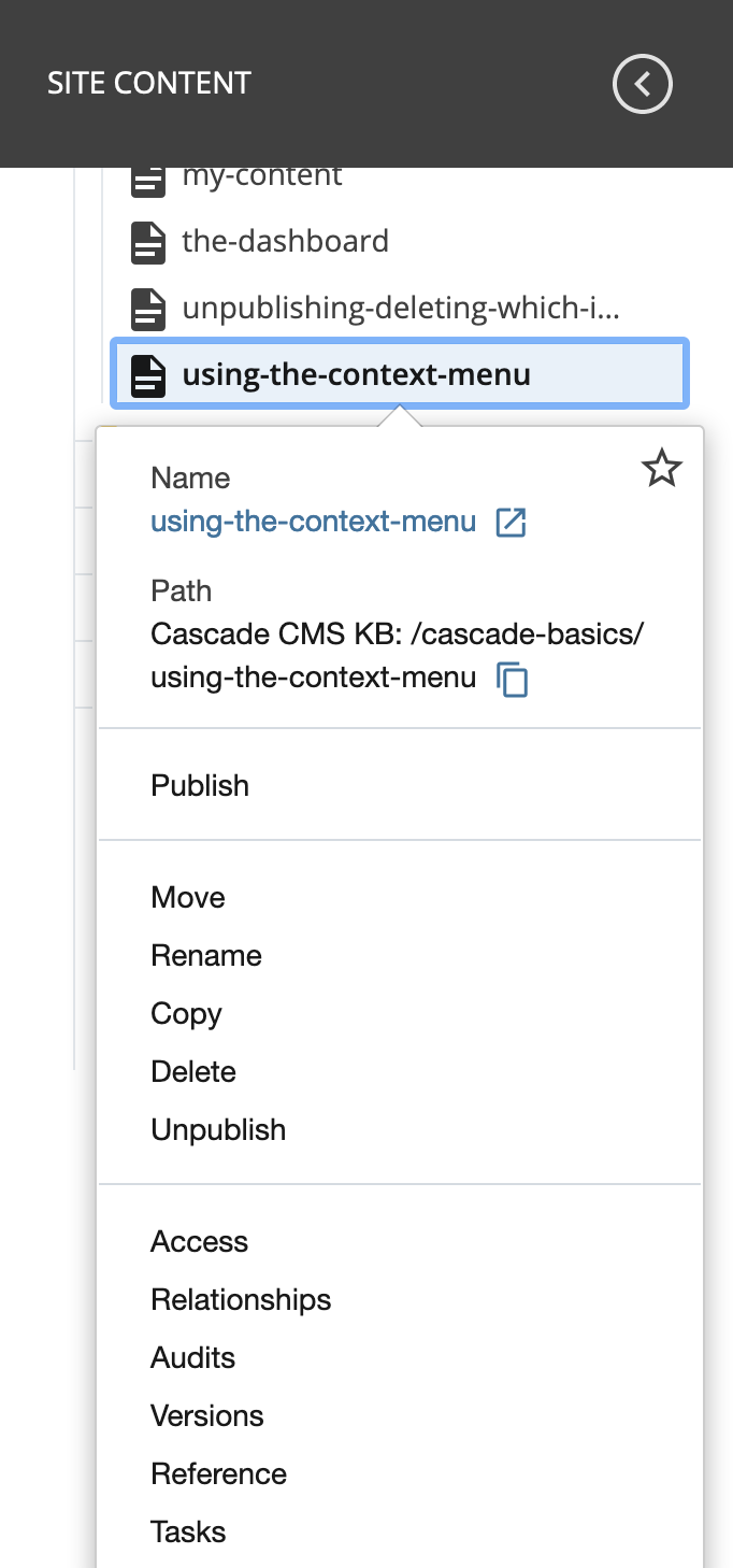 The asset context menu open on a page, listing Star, Name, Path, Edit, Publish, and the More menu