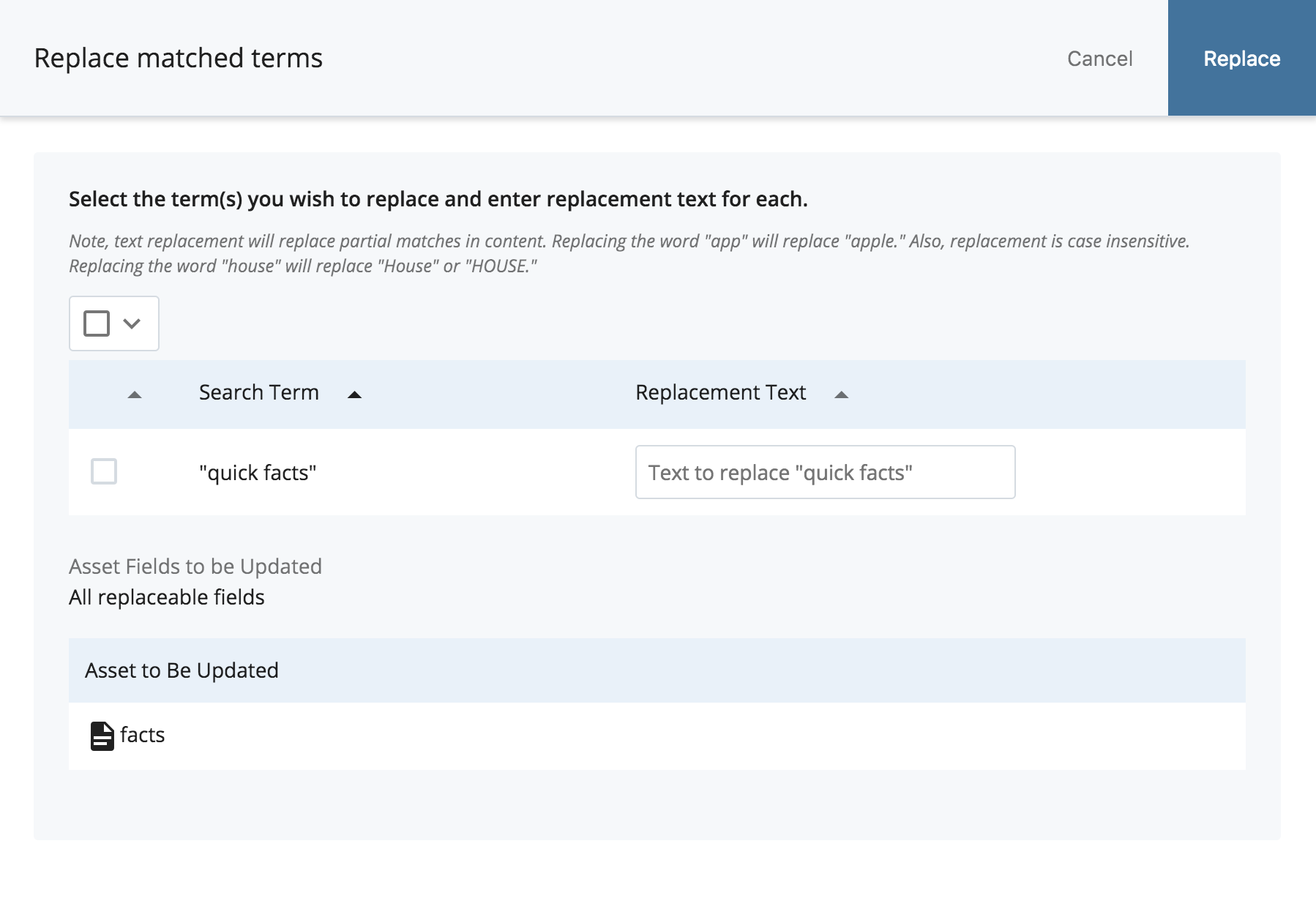The Replace Content dialog with search results selected and a Replacement Text field