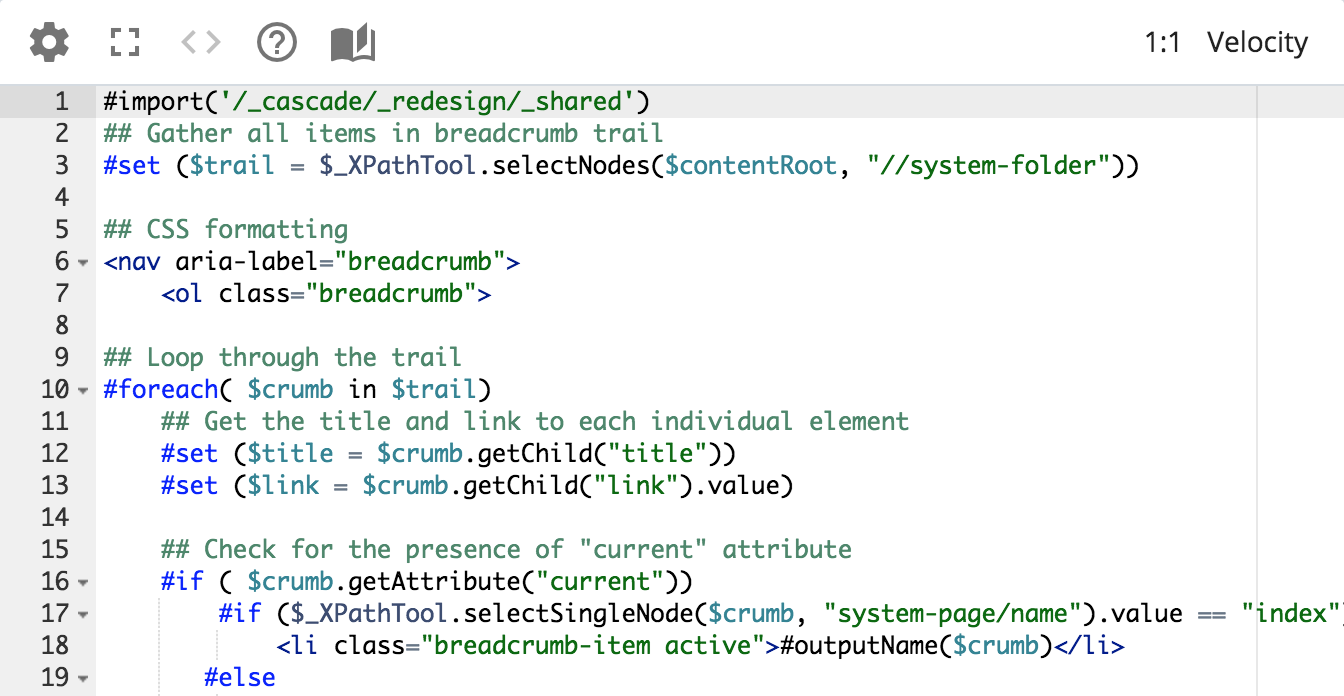 The Advanced Code Editor showing a Velocity format with syntax highlighting, line numbers, code folding arrows, and the cursor position and language in the top right.