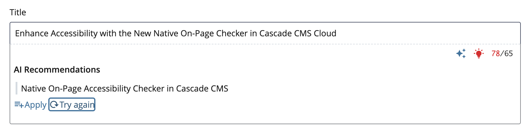 A page's Title field with AI Recommendations beneath it, showing a shorter suggested title, the 78/65 character count in red, and Apply and Try again buttons.