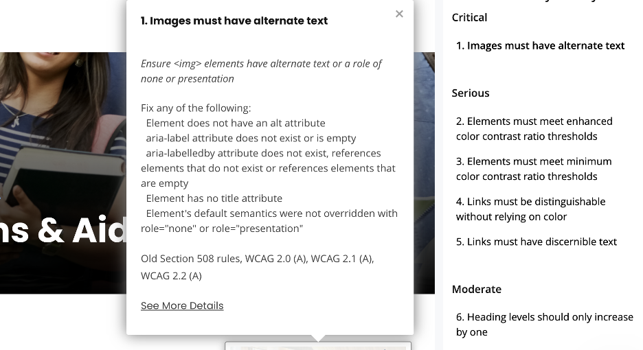 The accessibility checker open over a page, with issues grouped by severity — Critical, Serious, Moderate — and a detail popover explaining the “Images must have alternate text” rule.