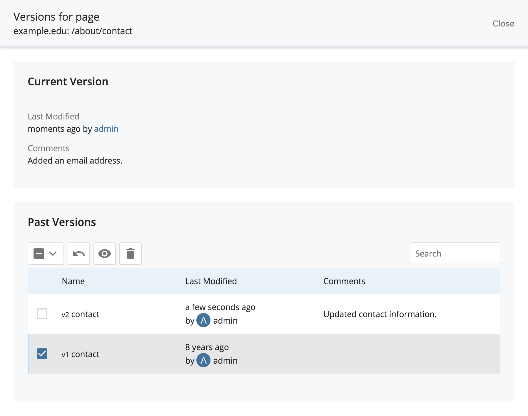 The Versions dialog for a page, showing the current version with its last-modified comment above a table of past versions with restore, preview, and delete controls.
