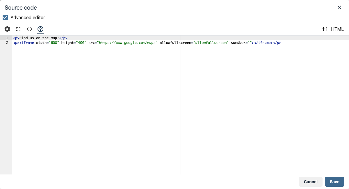 The new editor Source code view showing an embedded Google Maps iframe that the editor has wrapped in a paragraph and given an empty sandbox attribute.