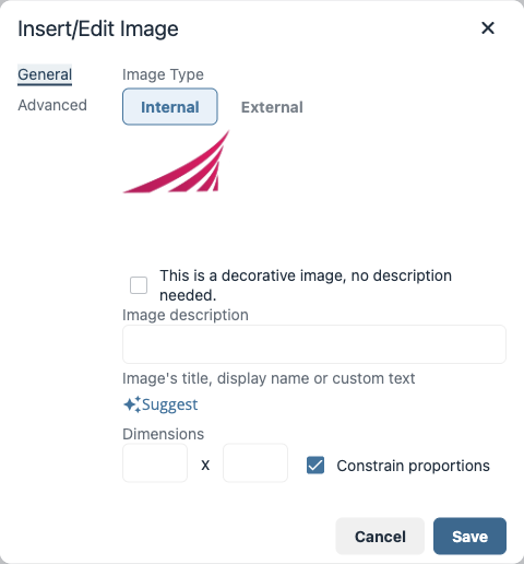The new editor Insert/Edit Image dialog, with the same internal and external image types, decorative checkbox, image description and dimensions.