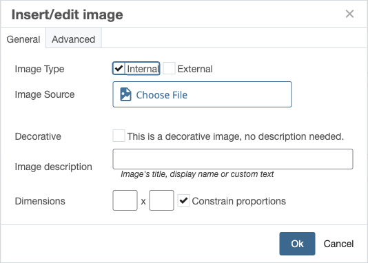 The old editor Insert/edit image dialog, with image type, a Choose File chooser, a decorative image checkbox, image description and dimensions.