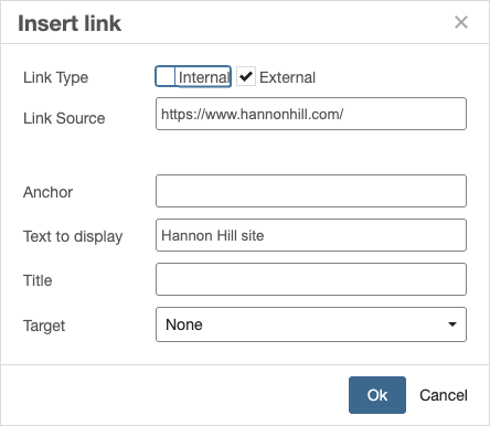 The old editor Insert link dialog, with fields for link type, link source, anchor, text to display, title and target, and no field for query parameters.