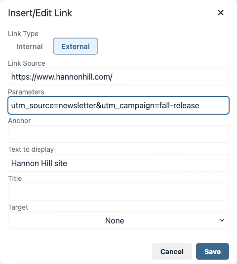 The new editor Insert/Edit Link dialog with a Parameters field filled in with utm_source=newsletter&utm_campaign=fall-release.