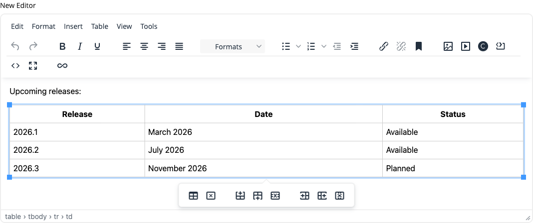 A table in the new editor with the floating context toolbar beneath it, showing table properties, delete table, and the insert and delete buttons for rows and columns.