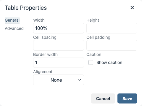 The new editor Table Properties dialog, with the same General and Advanced tabs and the same fields in the new styling.