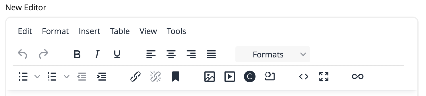 The new editor toolbar, with no carets beside the menu names and the Formats control shown as a boxed dropdown.