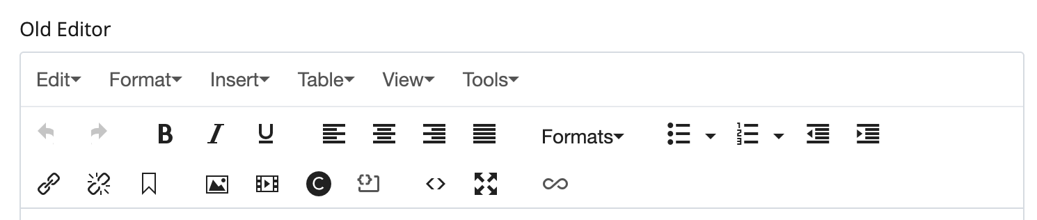 The old editor toolbar, with carets beside each menu name and the Formats, font and size controls as plain text with separate dropdown arrows.