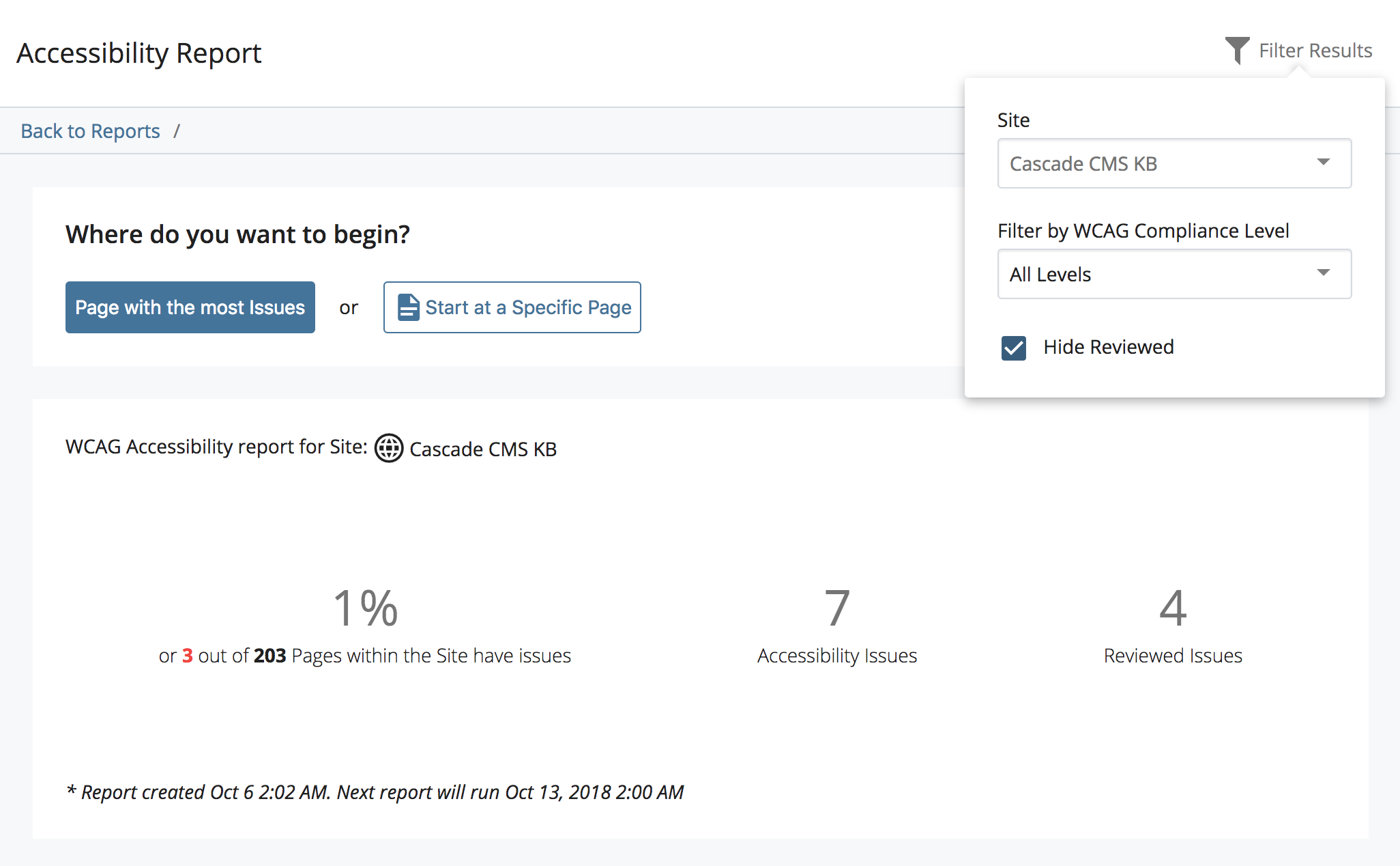 The Accessibility report summary view, showing issue counts grouped by severity