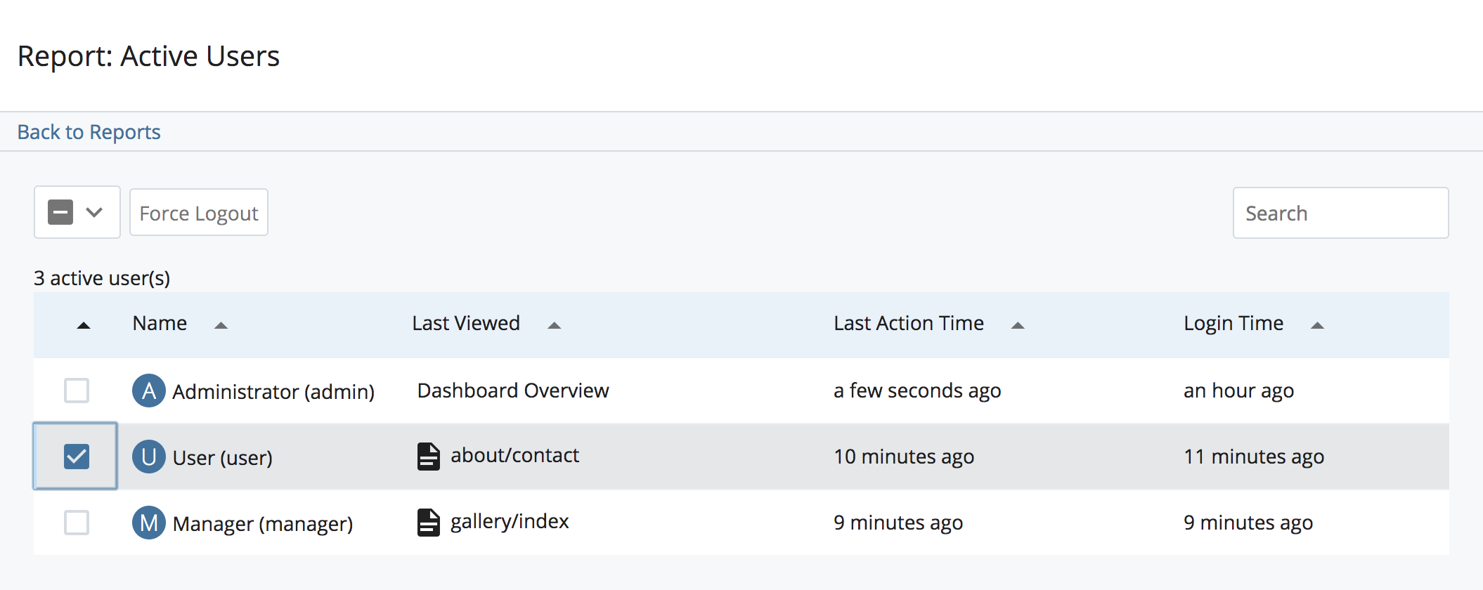 The Active Users report with users selected and the Force Logout button at the top of the list