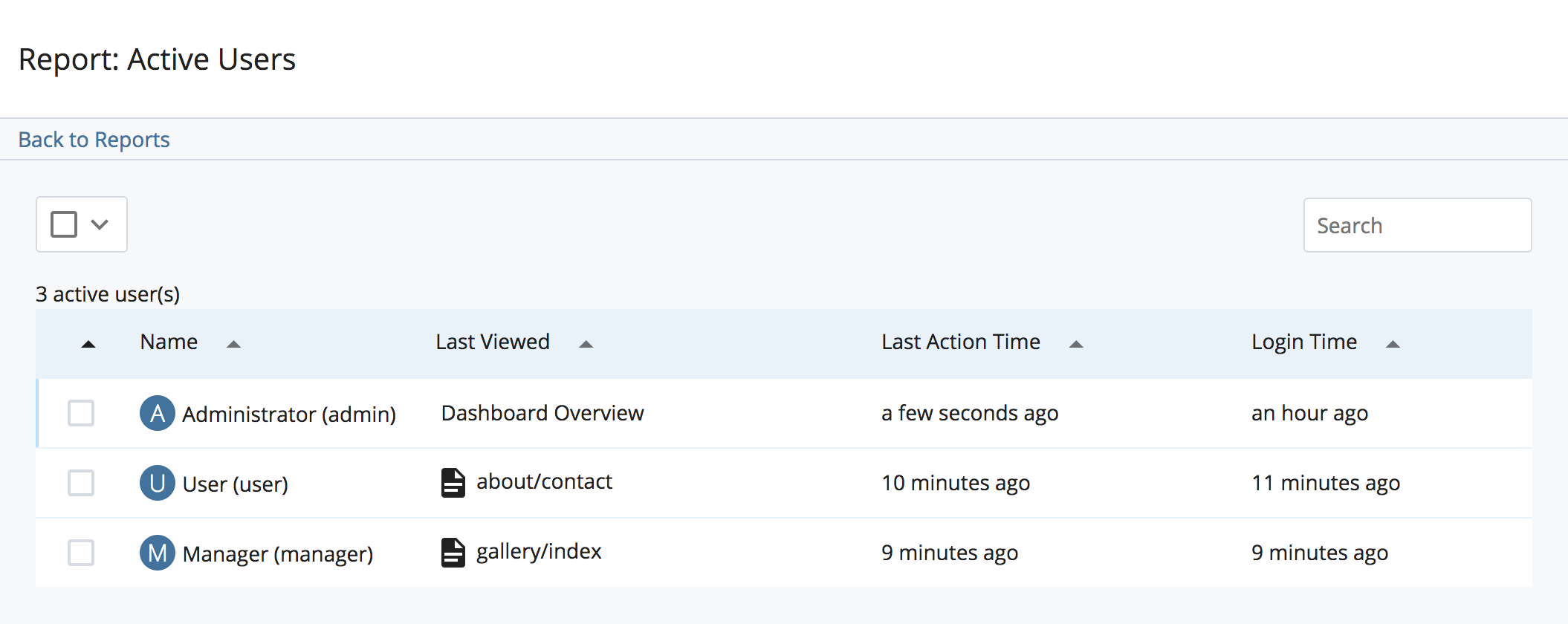 The Active Users report listing logged-in users with their last viewed asset, last action time, and login time