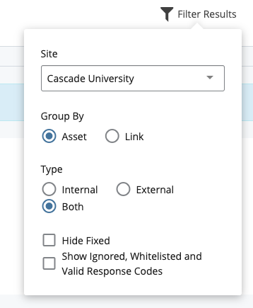 The Filter Results panel with controls for Site, Group By, Type, Hide Fixed, and Show Ignored