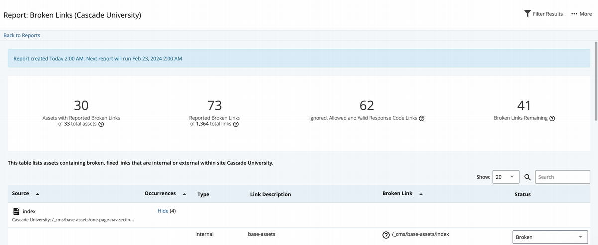 The Broken Links Report showing a summary row of counts above a results list of broken links grouped by asset